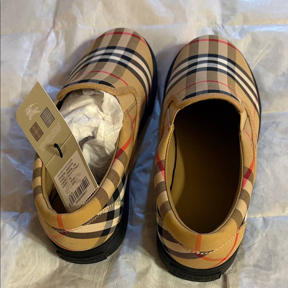 Burberry Beige and Red Plaid Slip-Ons